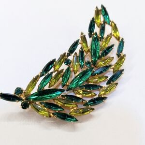 Gigantic Vintage Rhinestone Brooch Green Leaf